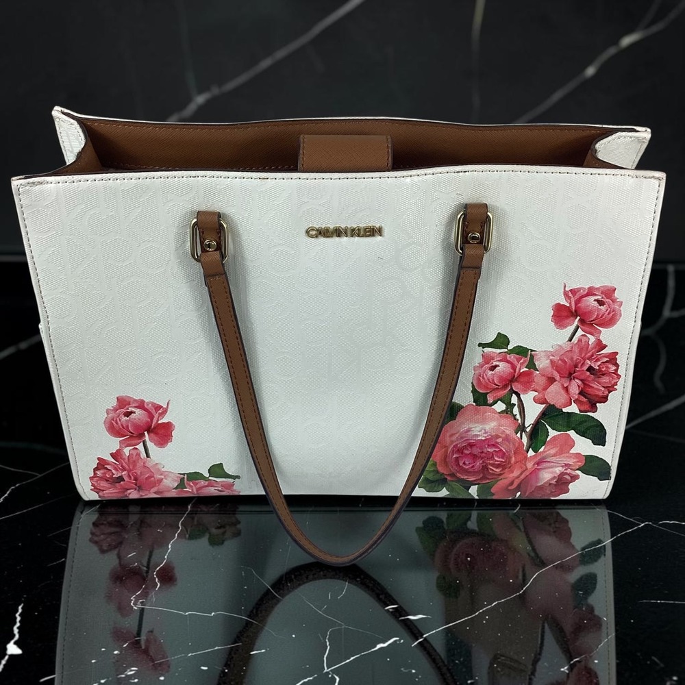 Calvin Klein Womens White Floral Monogram Shoulder Bag Tan Trim Gold Hardware - Picture 5 of 11